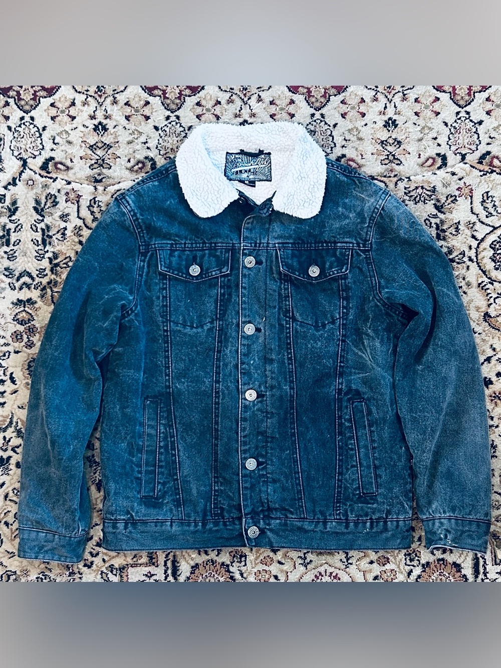 Brooklyn Cloth Men Sherpa Lined Denim  Trucker Jacket Acid Wash Black M